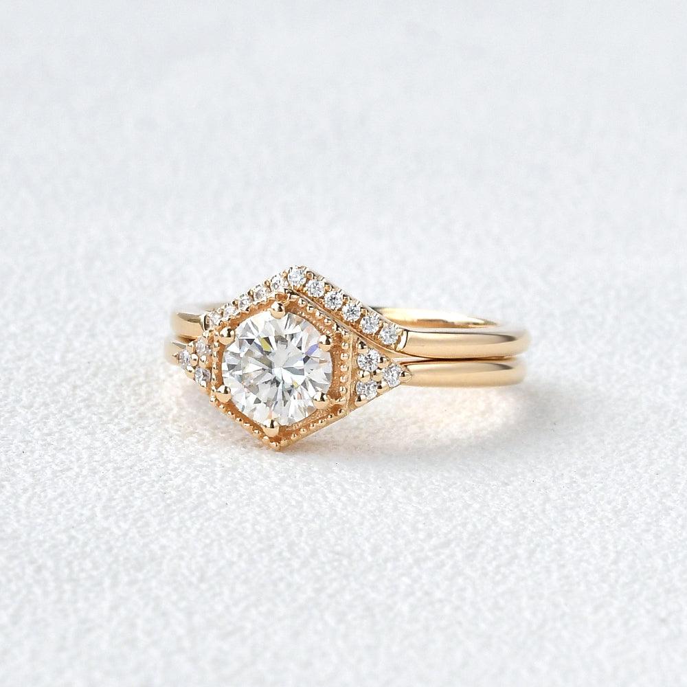 Geometric Moissanite Yellow Gold Ring Set 2pcs - Felicegals
