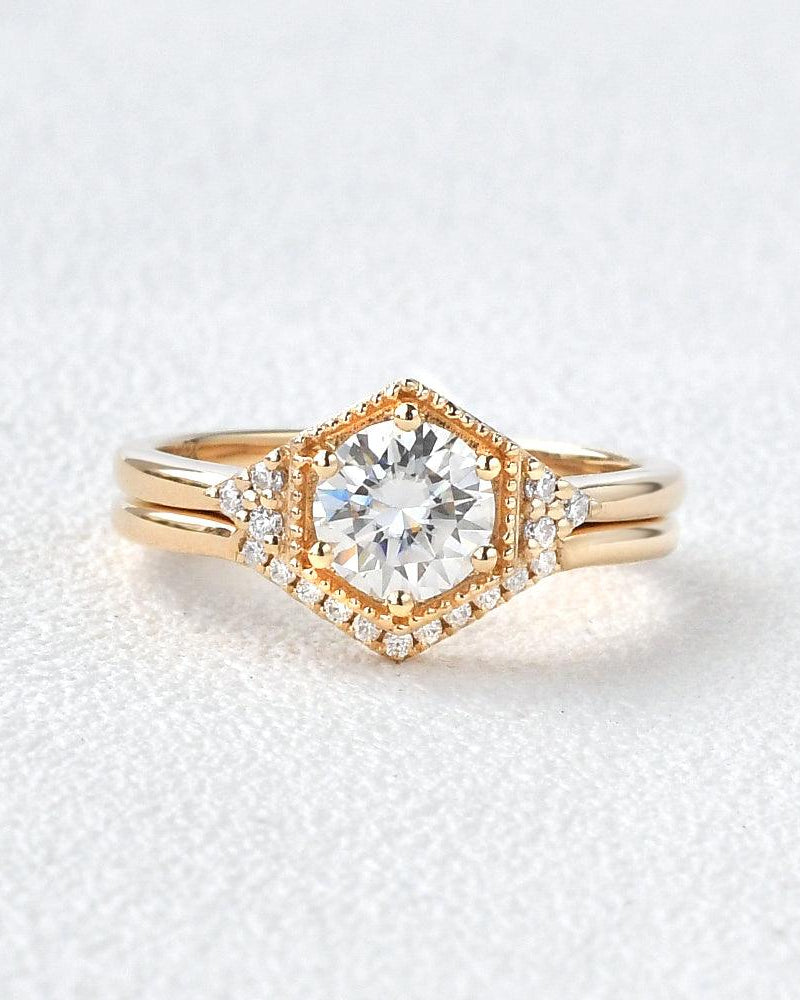 Geometric Moissanite Yellow Gold Ring Set 2pcs - Felicegals