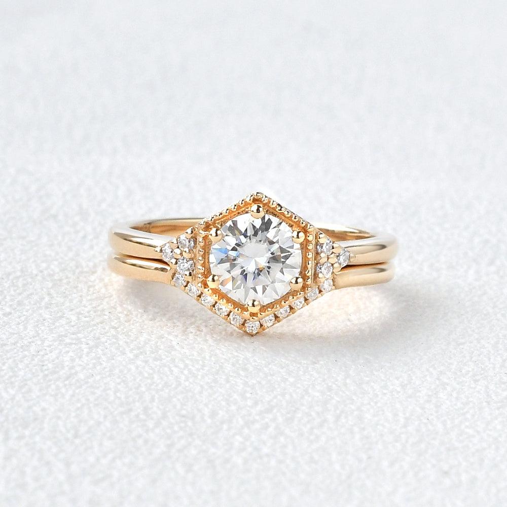 Geometric Moissanite Yellow Gold Ring Set 2pcs - Felicegals
