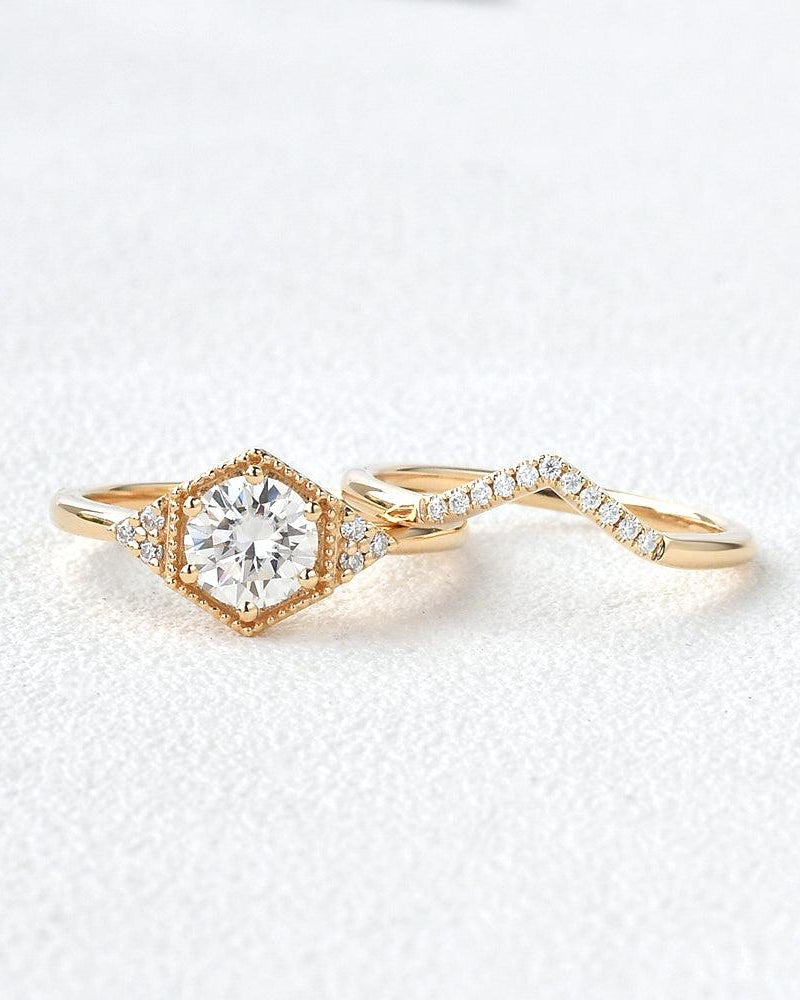 Geometric Moissanite Yellow Gold Ring Set 2pcs - Felicegals