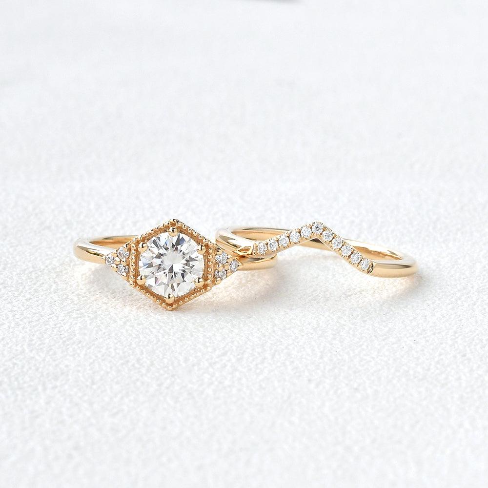 Geometric Moissanite Yellow Gold Ring Set 2pcs - Felicegals