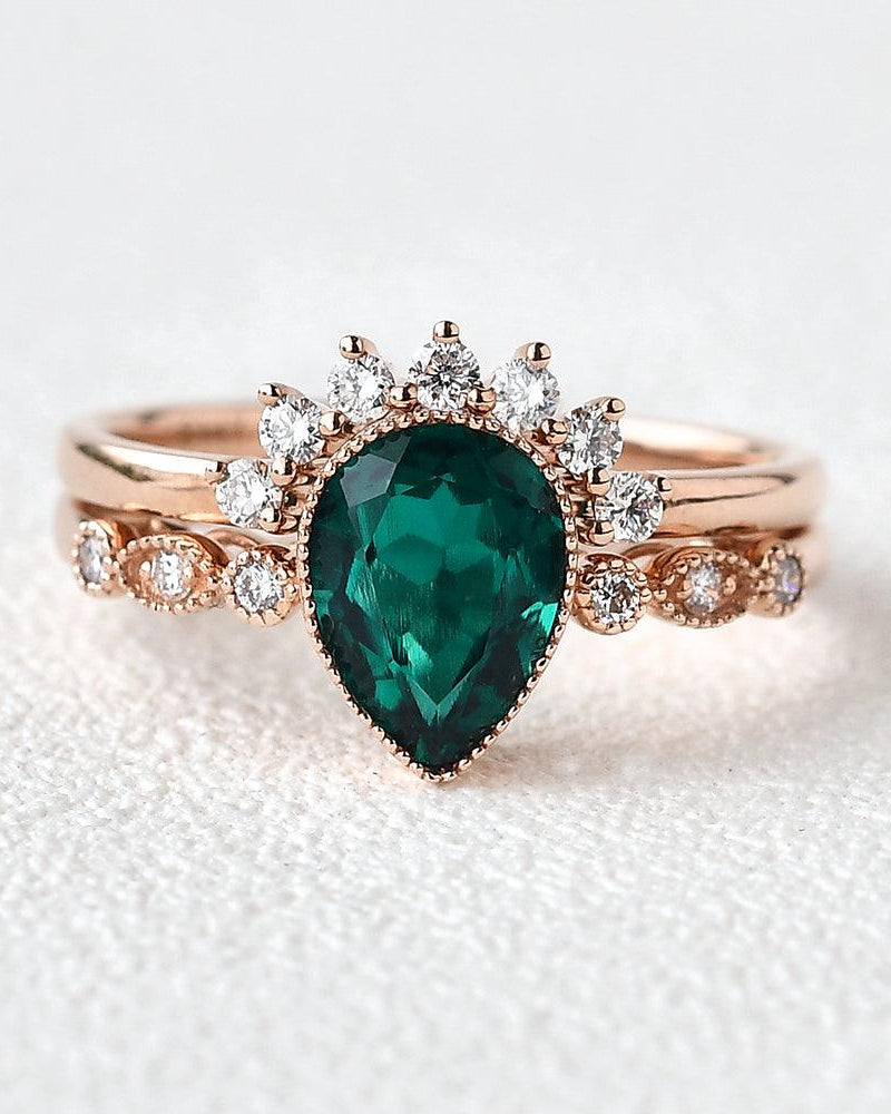 Pear Shaped Emerald Set 2pcs Rose Gold Ring - Felicegals