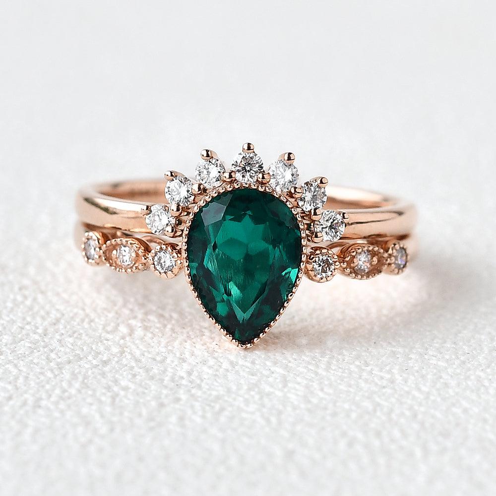 Pear Shaped Emerald Set 2pcs Rose Gold Ring - Felicegals