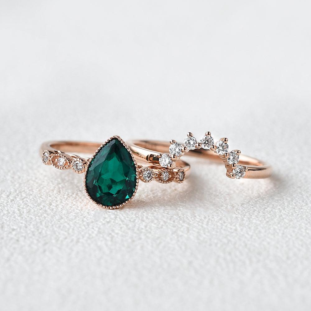 Pear Shaped Emerald Set 2pcs Rose Gold Ring - Felicegals