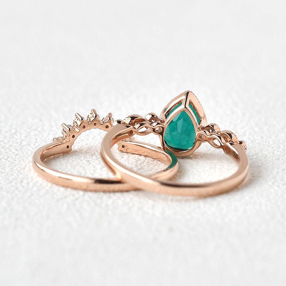 Pear Shaped Emerald Set 2pcs Rose Gold Ring - Felicegals