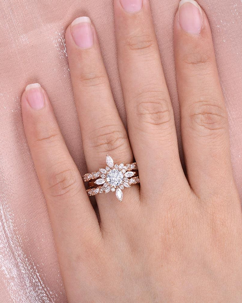 Flower Marquise Moissanite Cluster Ring Set 3pcs - Felicegals 丨Wedding ring 丨Fashion ring 丨Diamond ring 丨Gemstone ring--Felicegals