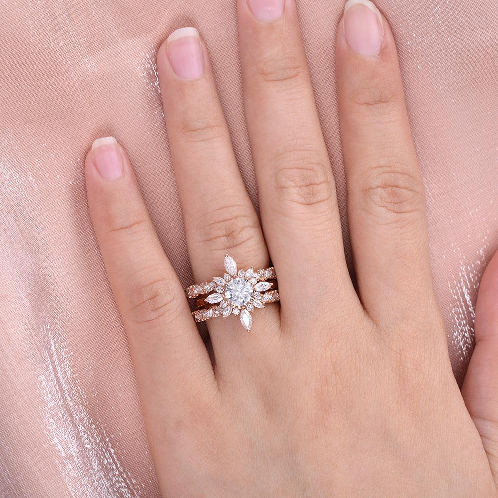 Flower Marquise Moissanite Cluster Ring Set 3pcs - Felicegals 丨Wedding ring 丨Fashion ring 丨Diamond ring 丨Gemstone ring--Felicegals