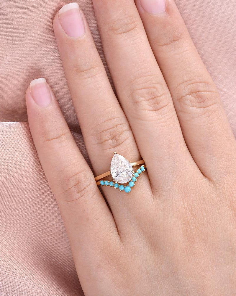 Art-Deco Pear Shaped Moissanite & Turquoise Ring Set 2pcs - Felicegals 丨Wedding ring 丨Fashion ring 丨Diamond ring 丨Gemstone ring--Felicegals