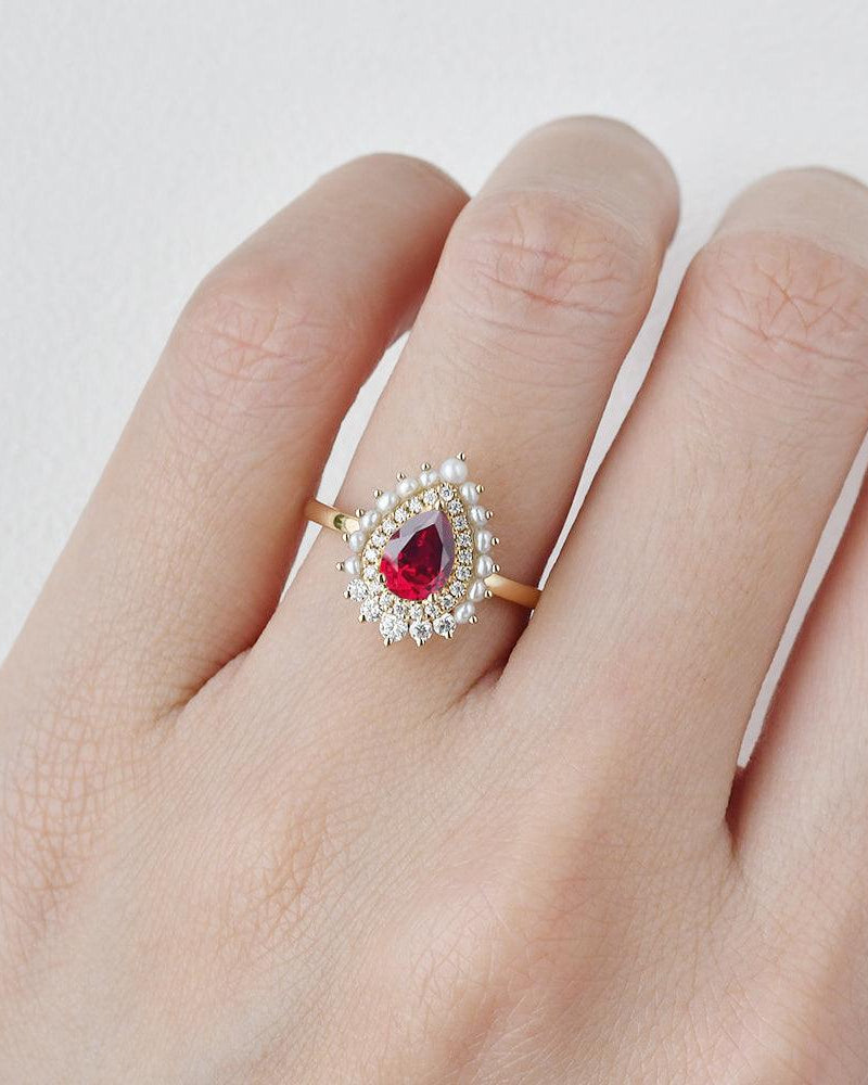 Lab Ruby & Pearls Vintage Inspired Halo Yellow Gold Ring - Felicegals 丨Wedding ring 丨Fashion ring 丨Diamond ring 丨Gemstone ring-Jewelry-Felicegals 丨Wedding ring 丨Fashion ring 丨Diamond ring 丨Gemstone ring
