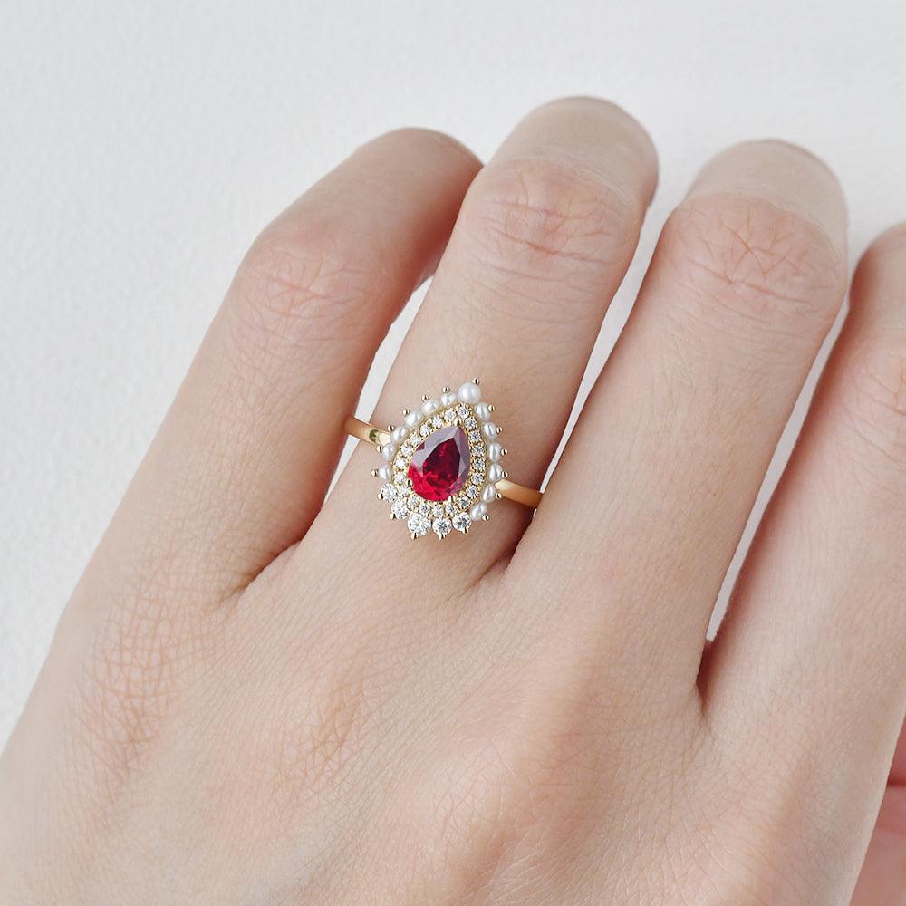 Lab Ruby & Pearls Vintage Inspired Halo Yellow Gold Ring - Felicegals 丨Wedding ring 丨Fashion ring 丨Diamond ring 丨Gemstone ring-Jewelry-Felicegals 丨Wedding ring 丨Fashion ring 丨Diamond ring 丨Gemstone ring