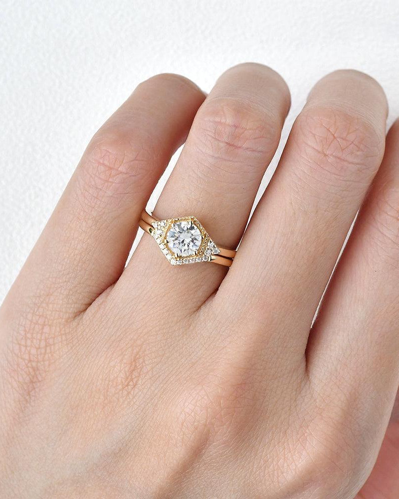 Geometric Moissanite Yellow Gold Ring Set 2pcs - Felicegals