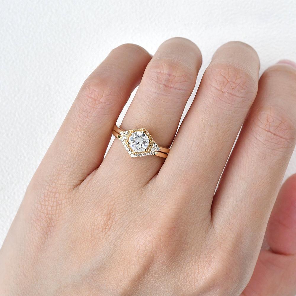 Geometric Moissanite Yellow Gold Ring Set 2pcs - Felicegals