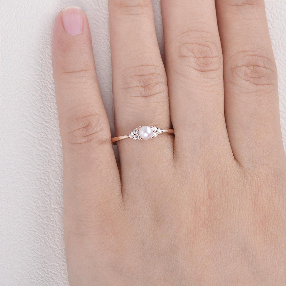 Akoya Pearl & Geometric Moissanite Rose Gold Ring - Felicegals