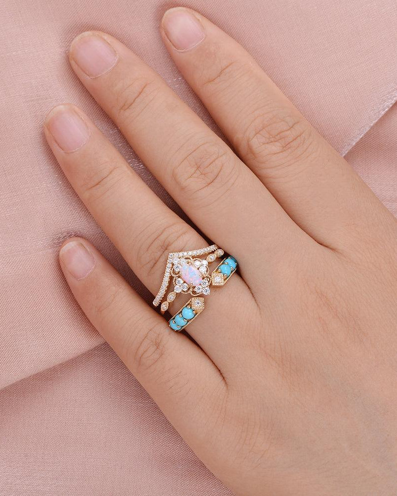 Felicegals Oval Opal & Turqiose Vintage Gold Ring Set 3pcs - Felicegals 丨Wedding ring 丨Fashion ring 丨Diamond ring 丨Gemstone ring-Jewelry-Felicegals 丨Wedding ring 丨Fashion ring 丨Diamond ring 丨Gemstone ring