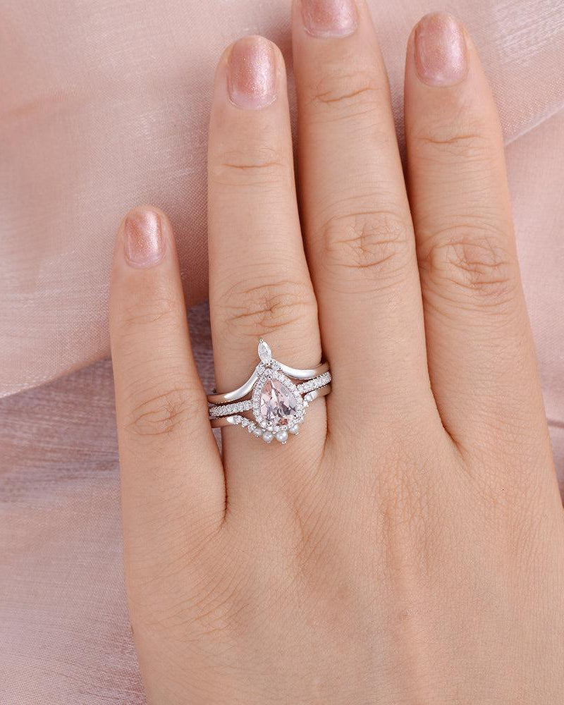 Pear Shaped Morganite & Pearl White Gold Halo Ring Set 3pcs - Felicegals 丨Wedding ring 丨Fashion ring 丨Diamond ring 丨Gemstone ring--Felicegals 丨Wedding ring 丨Fashion ring 丨Diamond ring 丨Gemstone ring