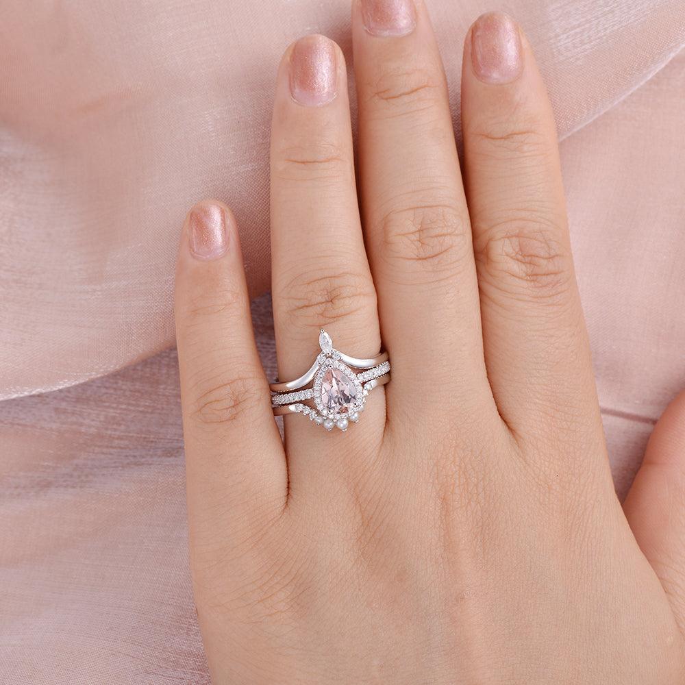 Pear Shaped Morganite & Pearl White Gold Halo Ring Set 3pcs - Felicegals 丨Wedding ring 丨Fashion ring 丨Diamond ring 丨Gemstone ring--Felicegals 丨Wedding ring 丨Fashion ring 丨Diamond ring 丨Gemstone ring