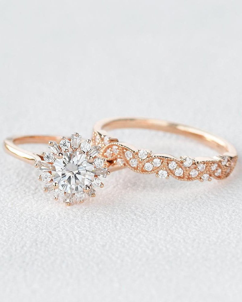 Moissanite Halo Yellow Gold Inspired Ring Set 2pcs - Felicegals