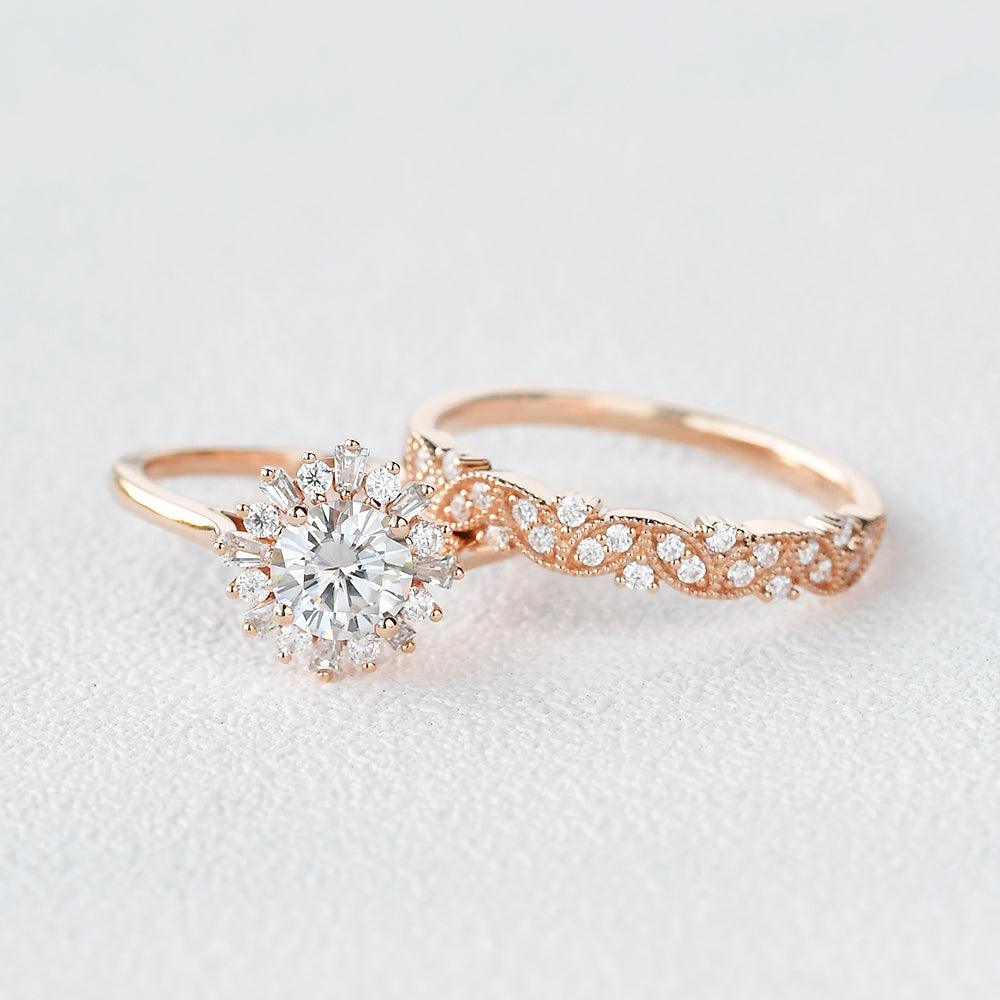 Moissanite Halo Yellow Gold Inspired Ring Set 2pcs - Felicegals