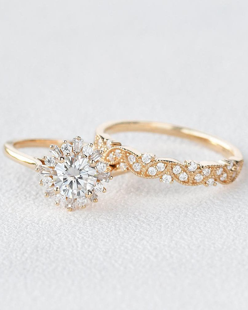 Moissanite Halo Yellow Gold Inspired Ring Set 2pcs - Felicegals