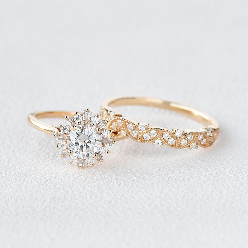 Moissanite Halo Yellow Gold Inspired Ring Set 2pcs - Felicegals