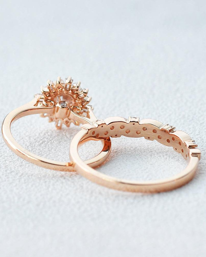 Moissanite Halo Yellow Gold Inspired Ring Set 2pcs - Felicegals