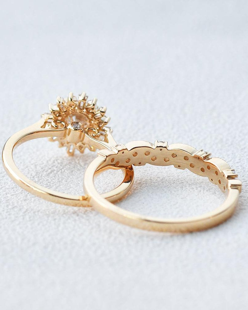 Moissanite Halo Yellow Gold Inspired Ring Set 2pcs - Felicegals