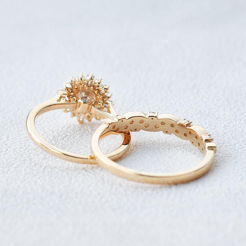 Moissanite Halo Yellow Gold Inspired Ring Set 2pcs - Felicegals