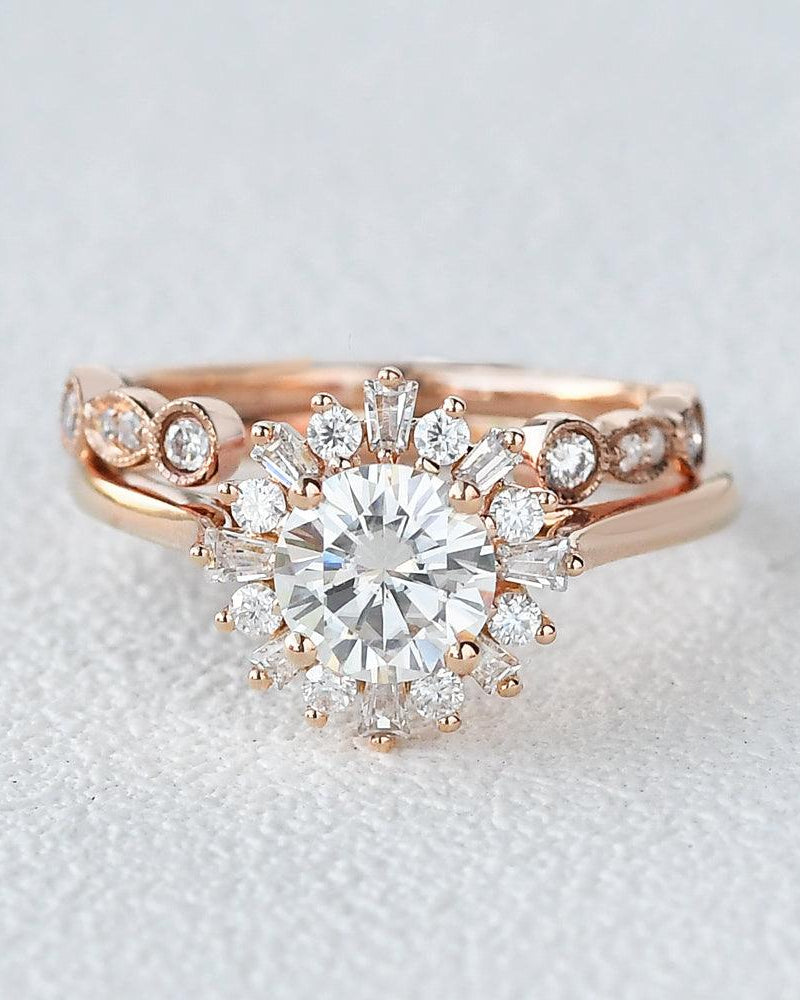 Moissanite & Baguette Zircon Halo Inspired Ring Set 2pcs - Felicegals
