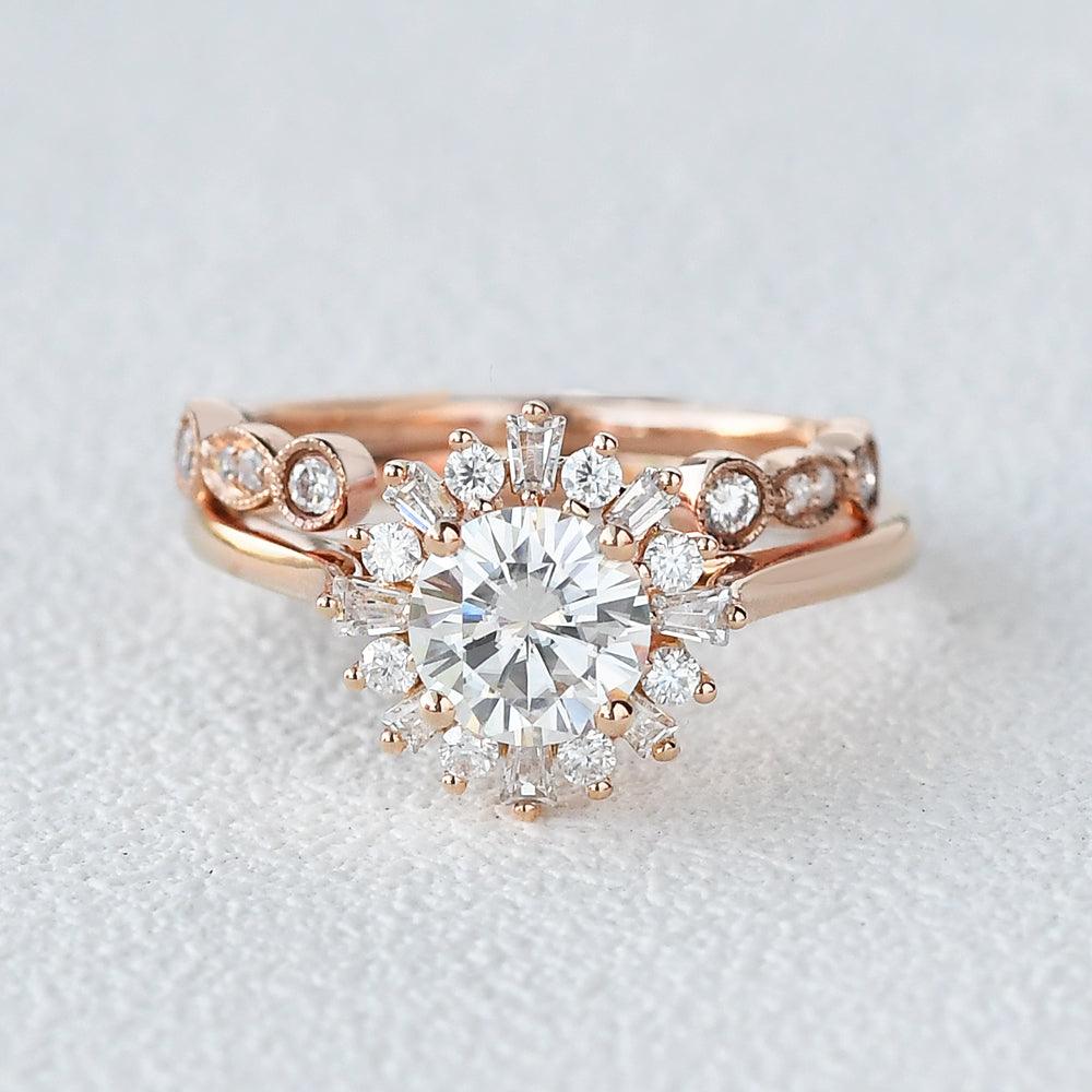 Moissanite & Baguette Zircon Halo Inspired Ring Set 2pcs - Felicegals