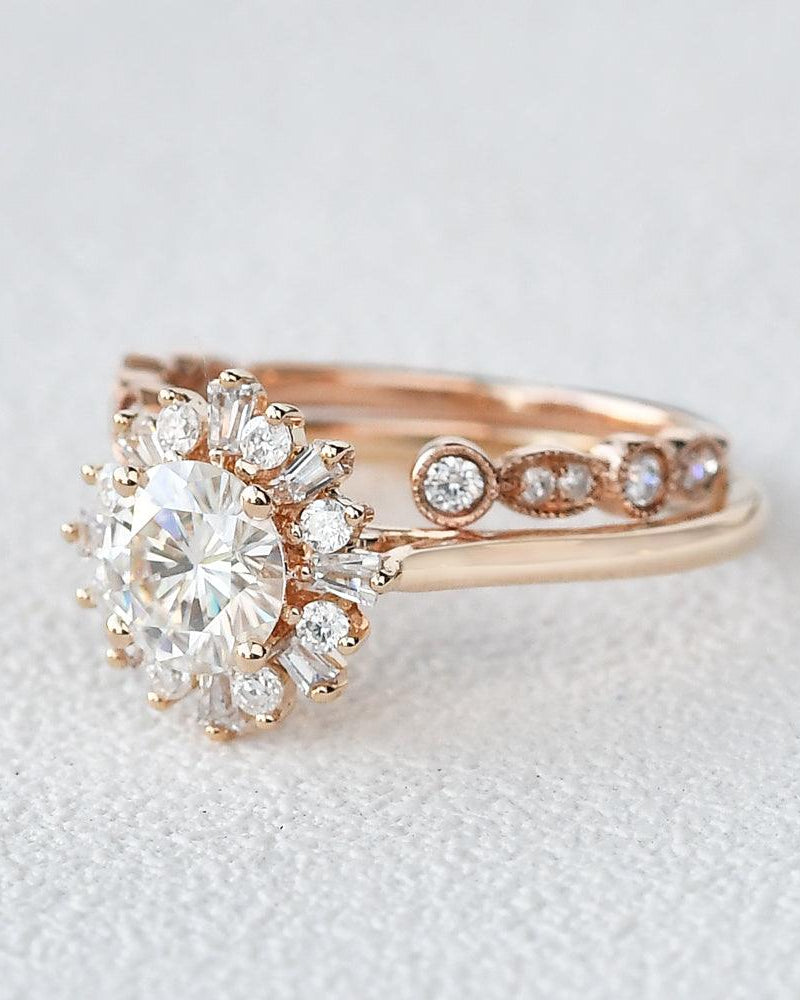 Moissanite & Baguette Zircon Halo Inspired Ring Set 2pcs - Felicegals