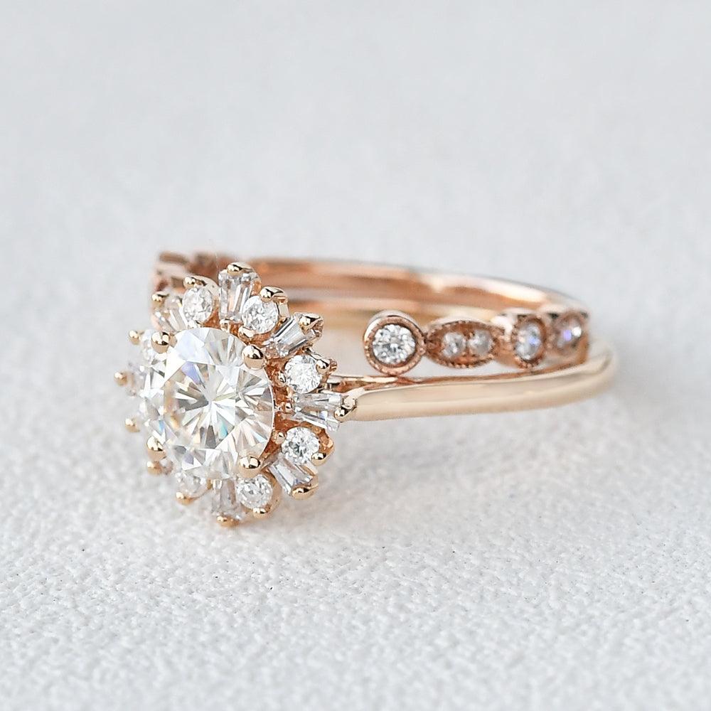 Moissanite & Baguette Zircon Halo Inspired Ring Set 2pcs - Felicegals