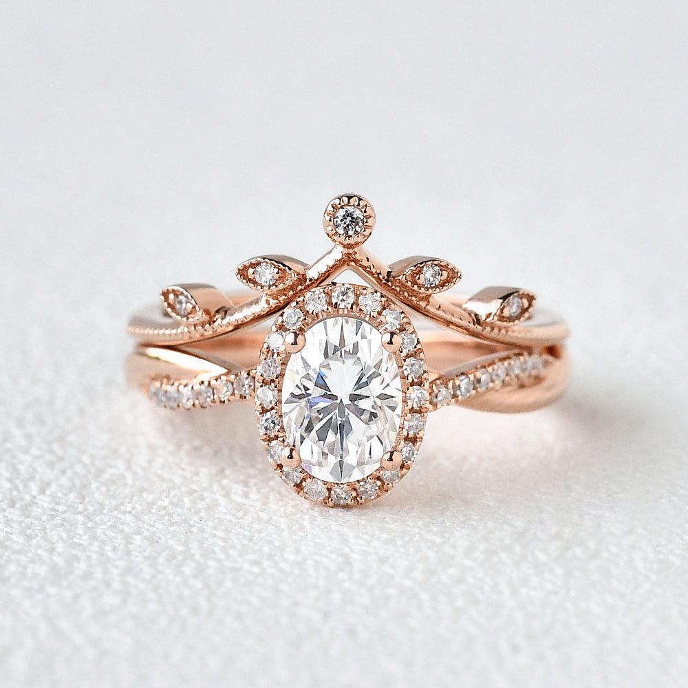 Oval 1.5ct Moissanite Chevron Bridal Set 2pcs Ring - Felicegals