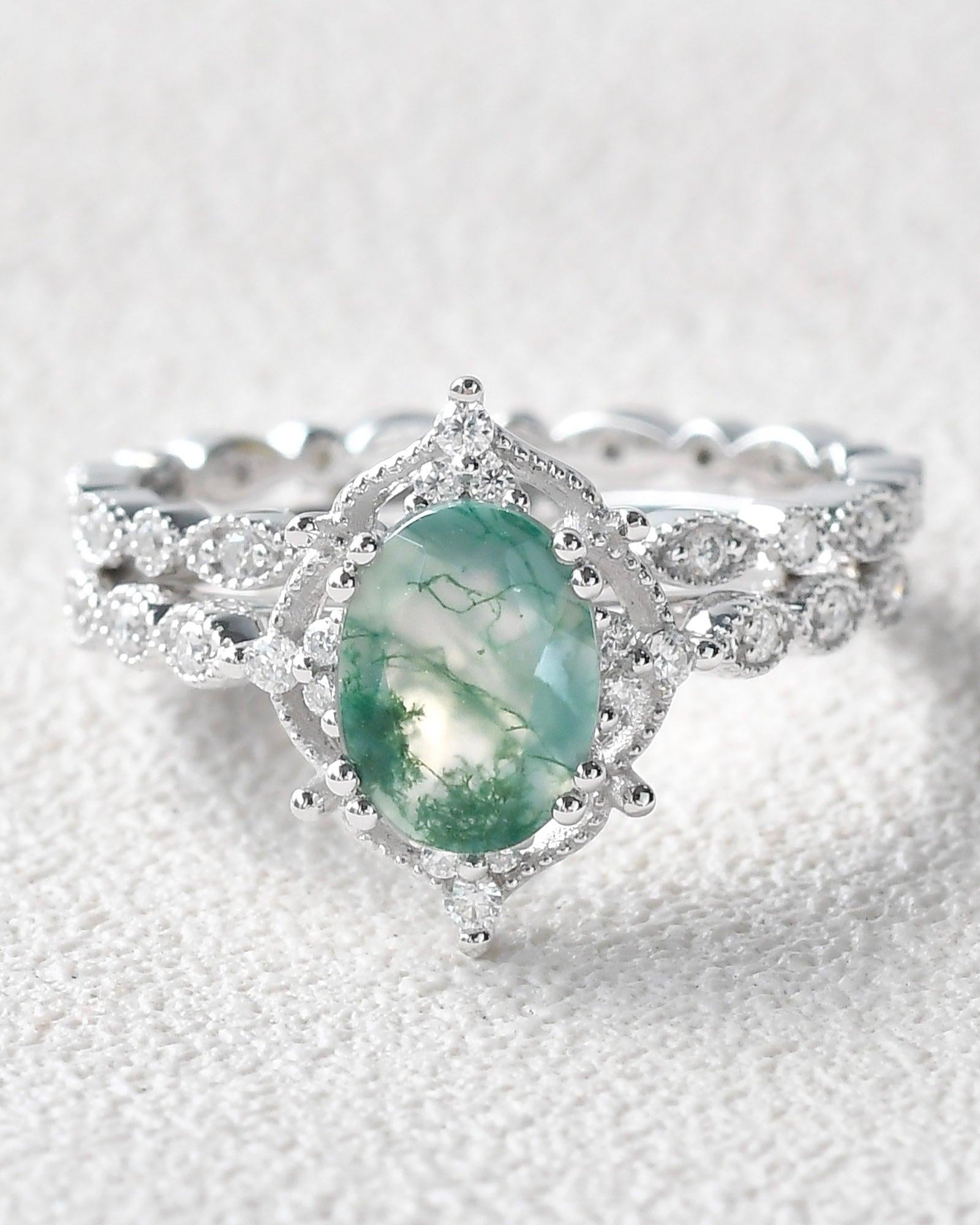 1.5ct Oval Cut Moss Agate Signature Vintage Ring Set 2pcs - Felicegals 丨Wedding ring 丨Fashion ring 丨Diamond ring 丨Gemstone ring