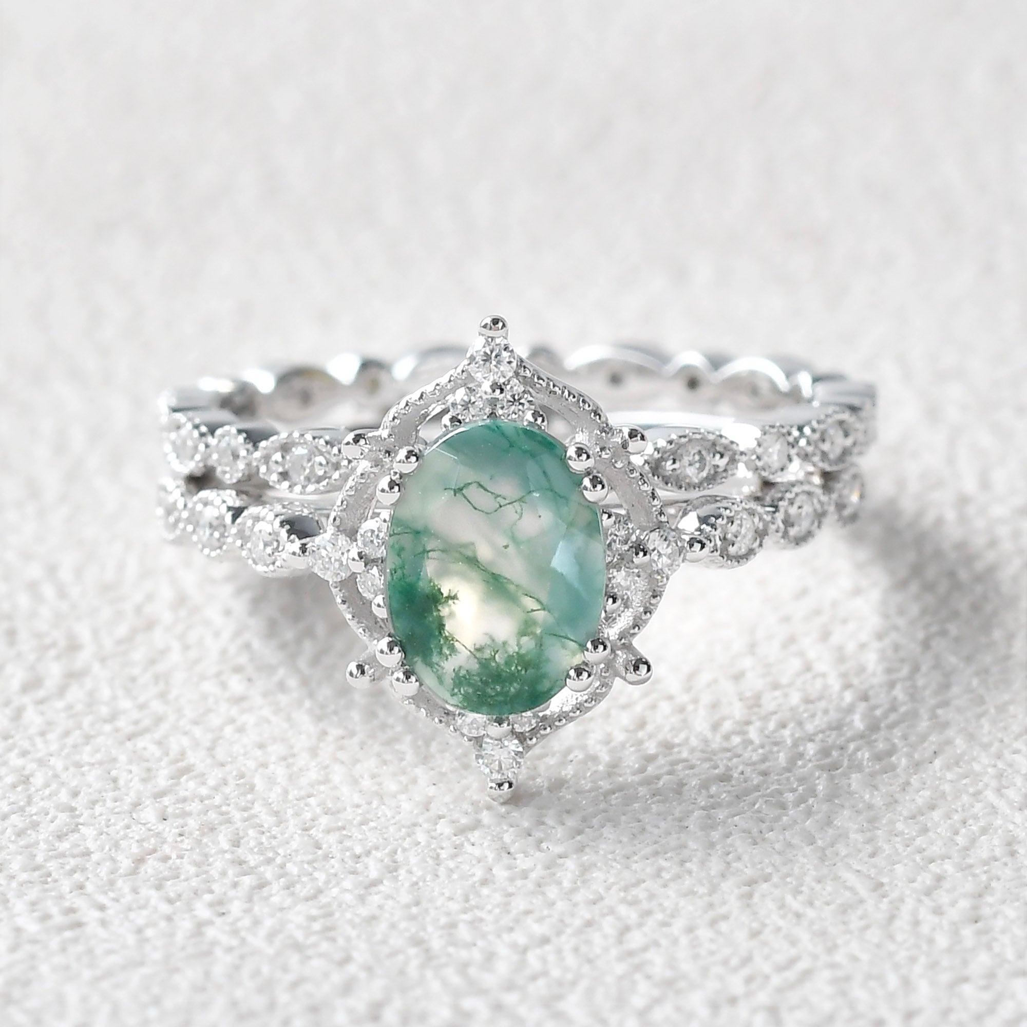 1.5ct Oval Cut Moss Agate Signature Vintage Ring Set 2pcs - Felicegals 丨Wedding ring 丨Fashion ring 丨Diamond ring 丨Gemstone ring