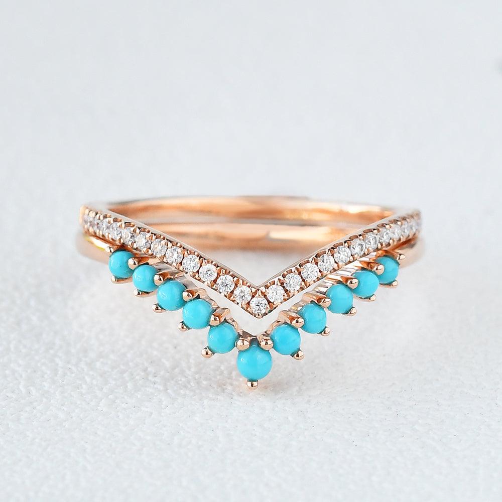 Turquoise & Moissanite Chevron Stacking Wedding Band - Felicegals