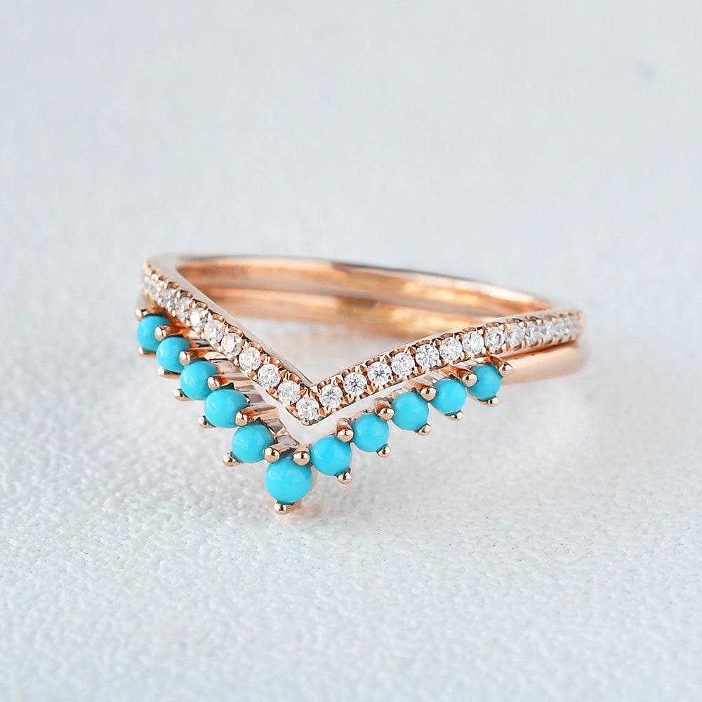 Turquoise & Moissanite Chevron Stacking Wedding Band - Felicegals