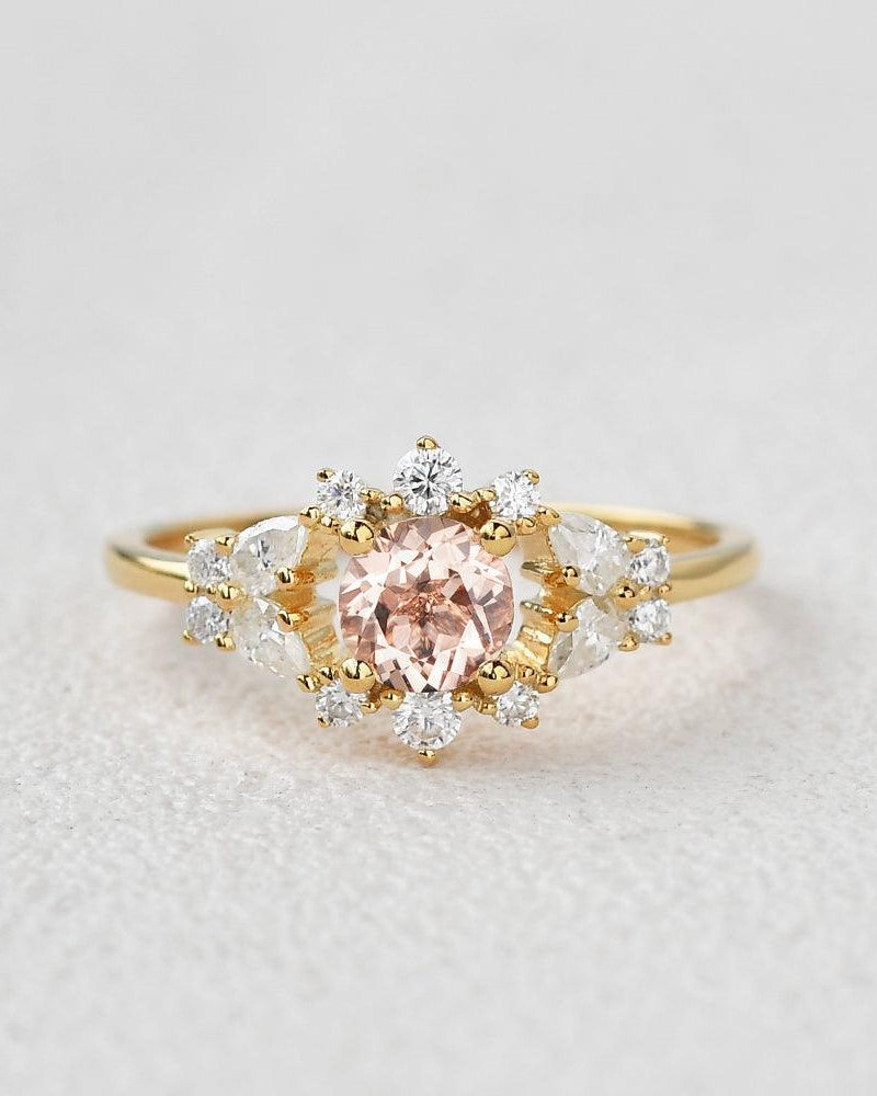 Round Cut Morganite Vintage Inspied Yellow Gold Ring - Felicegals 丨Wedding ring 丨Fashion ring 丨Diamond ring 丨Gemstone ring--Felicegals 丨Wedding ring 丨Fashion ring 丨Diamond ring 丨Gemstone ring