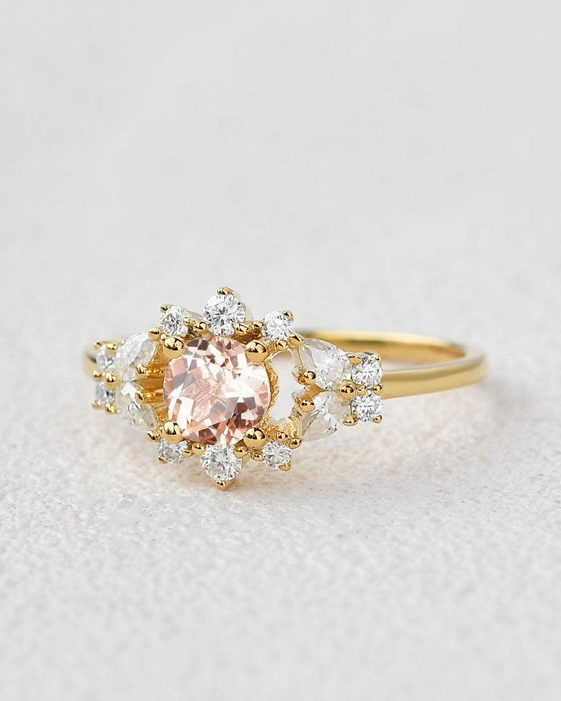 Round Cut Morganite Vintage Inspied Yellow Gold Ring - Felicegals 丨Wedding ring 丨Fashion ring 丨Diamond ring 丨Gemstone ring--Felicegals 丨Wedding ring 丨Fashion ring 丨Diamond ring 丨Gemstone ring