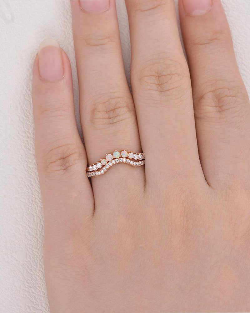 Natural Opal & Moissanite Cluster Ring Set 2pcs - Felicegals