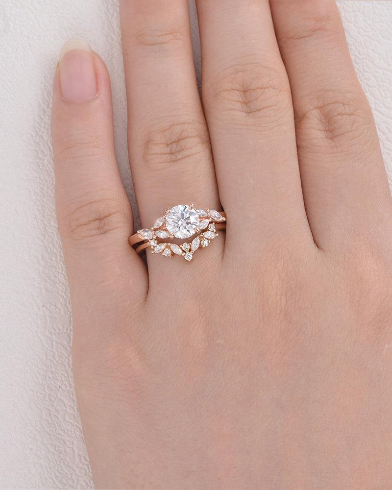 1CT Round Cut Moissanite Rose Gold Ring Set 2pcs - Felicegals