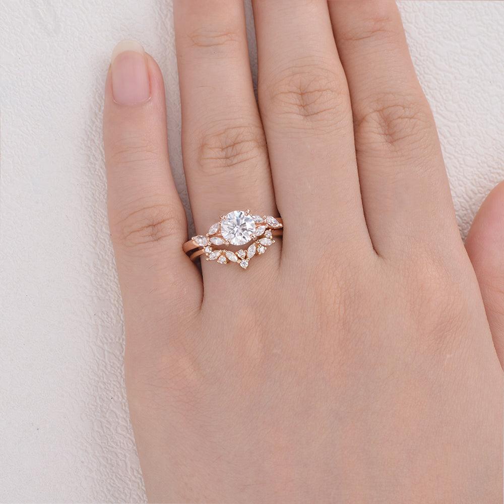 1CT Round Cut Moissanite Rose Gold Ring Set 2pcs - Felicegals
