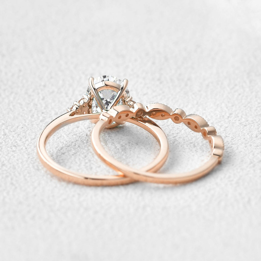 2.0ct Oval Cut Moissanite Vintage Cluster Ring Set 2pcs - Felicegals 丨Wedding ring 丨Fashion ring 丨Diamond ring 丨Gemstone ring