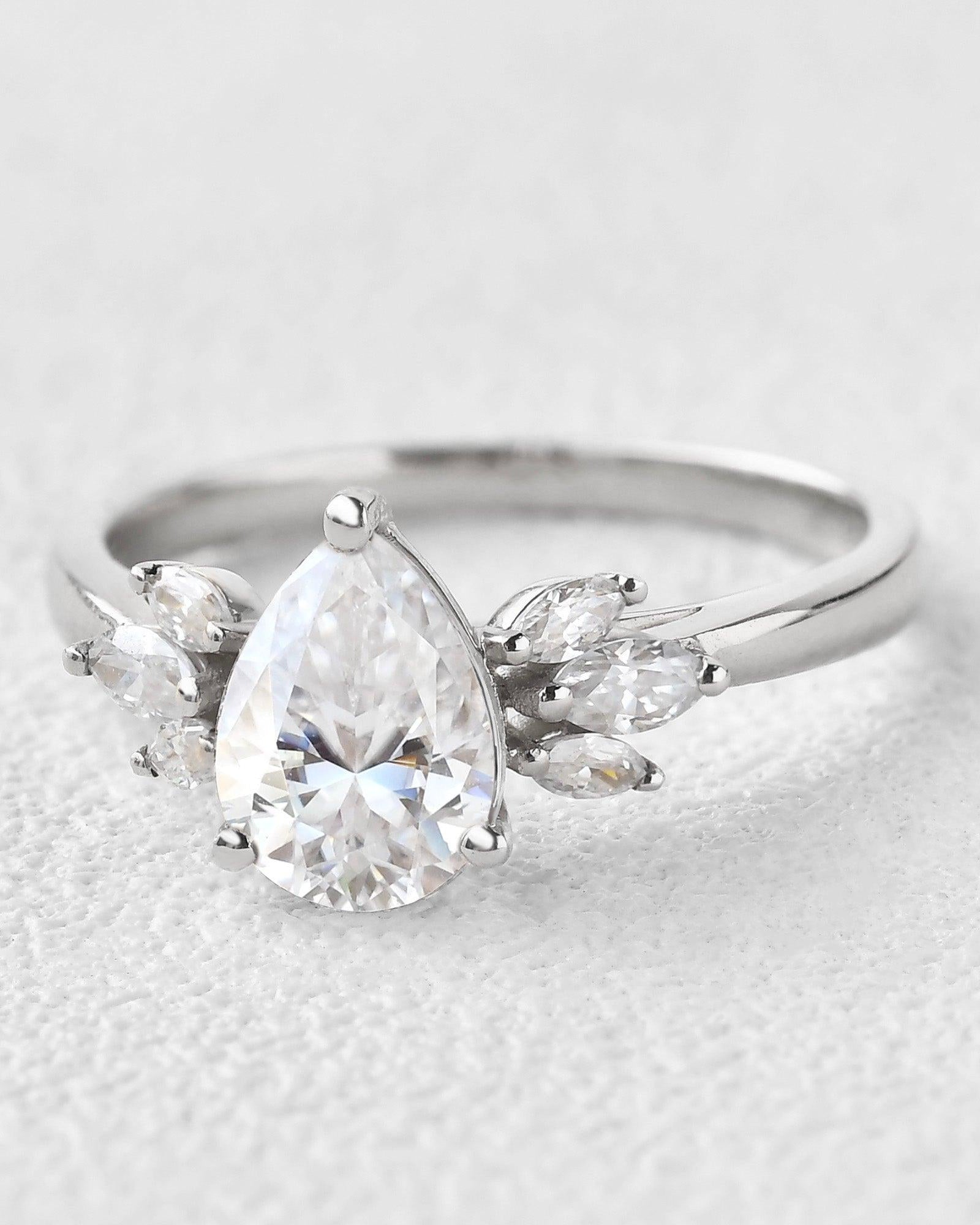 1.5ct Pear Shaped Moissanite Butterfly Cluster Ring - Felicegals 丨Wedding ring 丨Fashion ring 丨Diamond ring 丨Gemstone ring