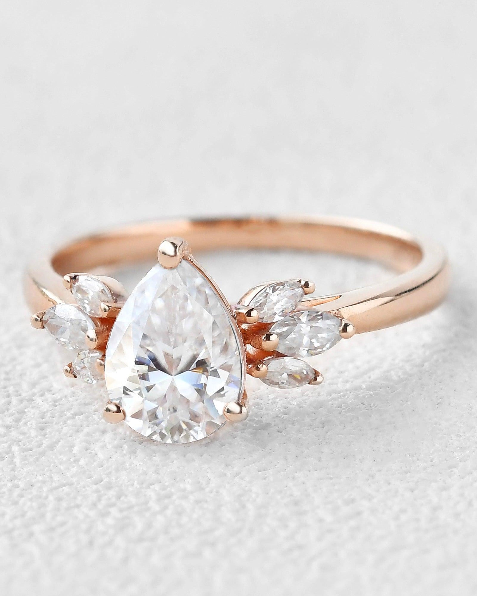 1.5ct Pear Shaped Moissanite Butterfly Cluster Ring - Felicegals 丨Wedding ring 丨Fashion ring 丨Diamond ring 丨Gemstone ring