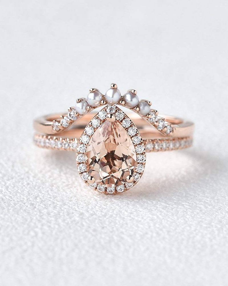 Peachy Morganite Rose Gold Ring Set 2pcs - Felicegals