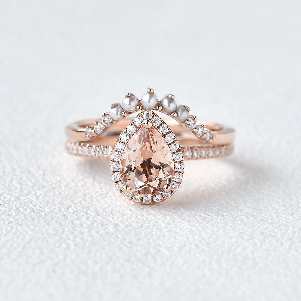 Peachy Morganite Rose Gold Ring Set 2pcs - Felicegals