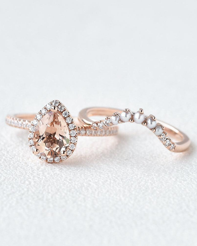 Peachy Morganite Rose Gold Ring Set 2pcs - Felicegals