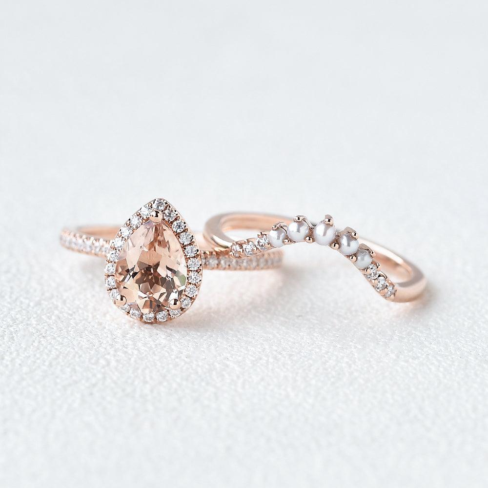 Peachy Morganite Rose Gold Ring Set 2pcs - Felicegals