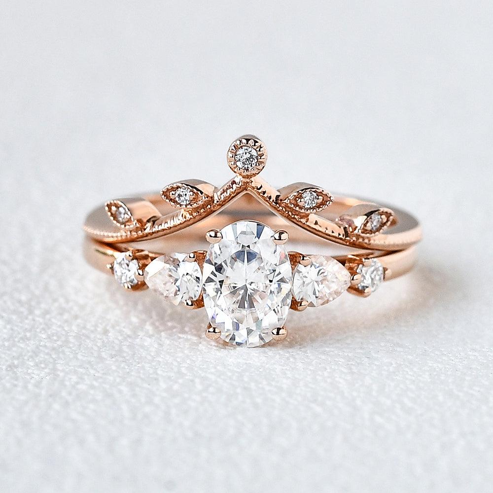 Oval & V Shaped Moissanite Rose Gold Bridal Set 2pcs Ring - Felicegals