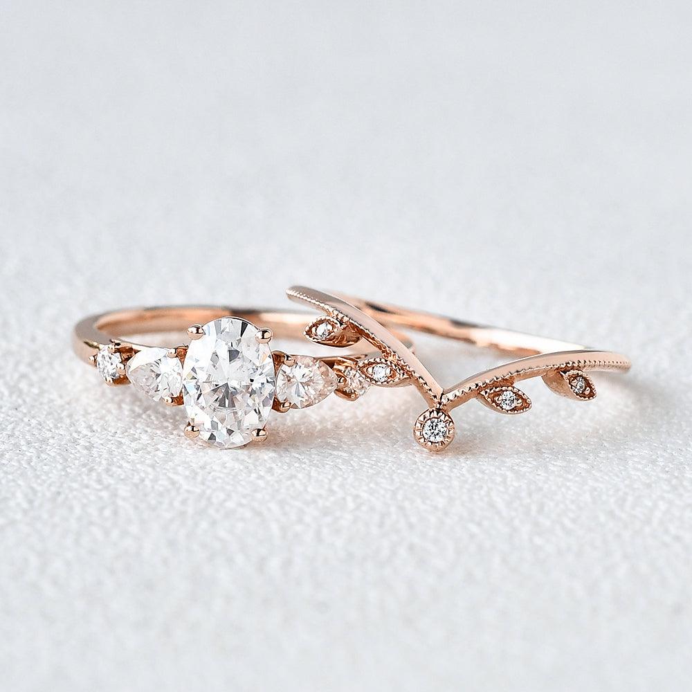 Oval & V Shaped Moissanite Rose Gold Bridal Set 2pcs Ring - Felicegals